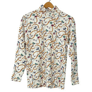 Vtg 90s Hunt Club Sz M Turtleneck Top Equestrian Print Cotton Knit Long Sleeve